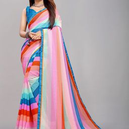B4ME COM Pink & Blue Striped Pure Georgette Saree-image-96