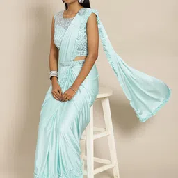 Grancy Turquoise Blue Sequinned Ready to Wear Leheriya Saree-image-8