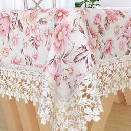 TANLOOMS White & Pink Floral Cotton Textured 2-Seater Table Cover-16