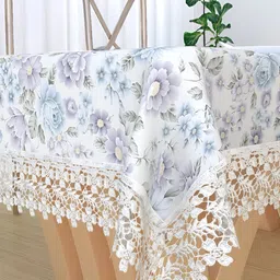 TANLOOMS White & Blue Floral Printed Jute Cotton 4-Seater Table Cover-23