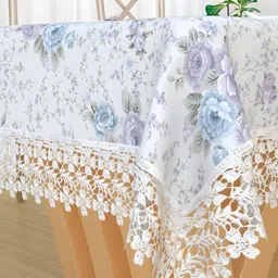 TANLOOMS White & Blue Floral Cotton Textured 4-Seater Table Cover-38