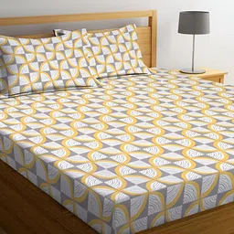 Quirky Home Yellow & Grey Geometric 144 TC Queen Fitted Bedsheet with 2 Pillow Covers-image-87