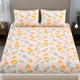 Quirky Home Yellow & Orange Floral 144 TC Queen Fitted Bedsheet with 2 Pillow Covers-image-88