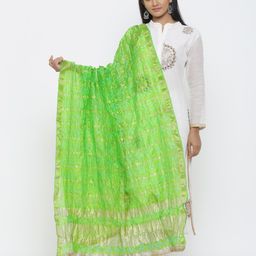 SOUNDARYA Lime Green & Gold-Toned Printed Art Silk Bandhani Dupatta With Gotta Patti-8