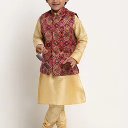 Benstoke Boys Gold-Toned Solid Kurta & Churidar With Nehru Jacket-picture-18