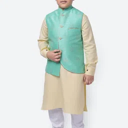 NAMASKAR Boys Regular Pure Cotton Straight Kurta With Pyjamas & Nehru Jacket-57