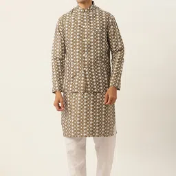 SOJANYA Men Olive Green & White Embroidered Kurta with Pyjamas & Nehru Jacket-17
