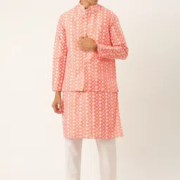 SOJANYA Men Peach-Coloured & White Embroidered Kurta with Pyjamas & Nehru Jacket-53