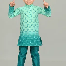 BAESD Boys Ethnic Motifs Printed Mandarin Collar Dupion Silk Straight Kurta With Pyjamas-29
