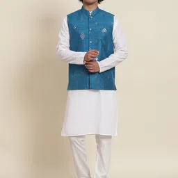 SOJANYA Men White Floral Chikankari Pure Cotton Kurta with Pyjamas & Nehru Jacket-picture-19