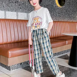 StyleCast Girls White & Beige Printed Pure Cotton T-shirt with Checked Pyjamas-picture-35