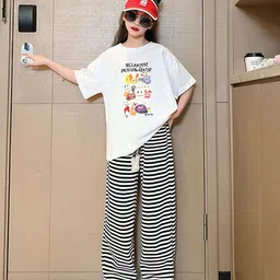StyleCast Girls White Printed Pure Cotton T-shirt with Pyjamas-picture-53