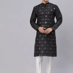 NEUDIS Men Black Dupion Silk Mirrow Work Straight Kurta-picture-34
