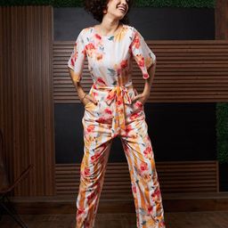 Athena Orange & White Floral Printed Basic Jumpsuit With Waist Tie-Ups-picture-4
