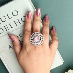 RHOSYN Rhodium-Plated American Diamond Studded Adjustable Cocktail Finger Ring-picture-40