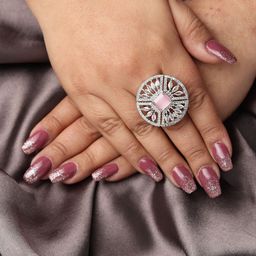 RHOSYN Silver-Plated Cubic Zirconia & American Diamond Studded Cocktail Adjustable Ring-picture-1