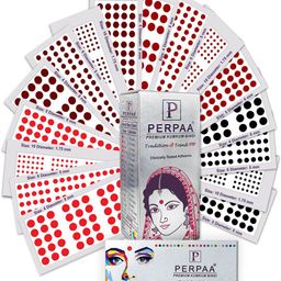 PERPAA Premium Kumkum Set Of 16 Round Stick On Bindi Book - Black - Dark Maroon - Red - Light Maroon-16