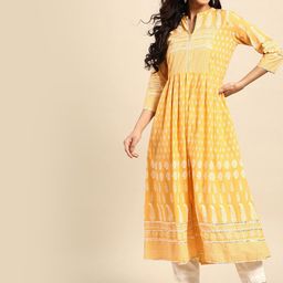 all about you Yellow Ethnic Motifs Printed Gotta Patti Detailed Cotton A-Line Kurta-49