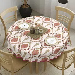 Clasiko Pink & White 4 Seater Ethnic Motifs Cotton Round Table Cover-19