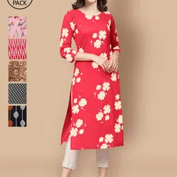 7Threads Women Pack Of 6 Multicoloured Floral Printed Thread Work Block Print Crepe Kurta-5