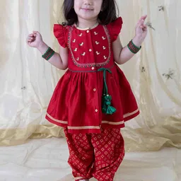 Tiber Taber Girls Floral Embroidered Chanderi Silk Kurti with Salwar-57