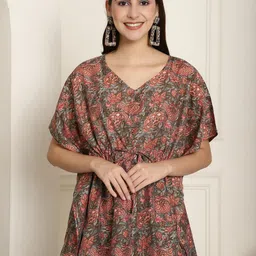 KALINI Floral Printed V-Neck Kimono Sleeve Waist Tie-Ups Pure Silk Kaftan Top-picture-50