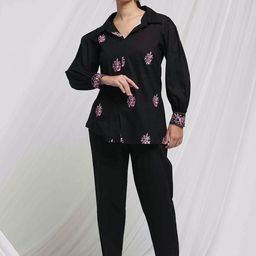 Anouk Black & Pink Floral Embroidered Long Sleeves Pure Cotton Shirt With Trousers-16