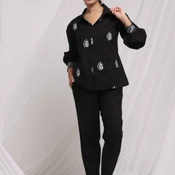Anouk Black Floral Embroidered Long Sleeves Pure Cotton Shirt With Trousers-image-97