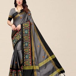SERONA FABRICS Grey & Black Embellished Kutchi Embroidery Silk Cotton Saree-image-71