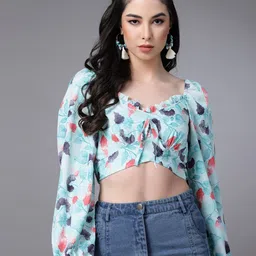 Oomph! Floral Printed Sweetheart Neck Puff Sleeves Tie-Ups Fitted Crop Top-image-67
