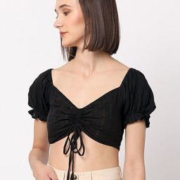 VASTRADO Black Ruched Smocked Pure Cotton Crop Top-image-10