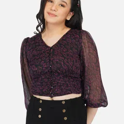 Antheaa Girls Black & Pink Print Chiffon Fitted Crop Top-picture-19