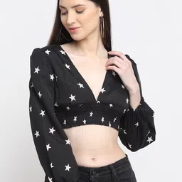 emeros Black & White Floral Print Crepe Smocked Bardot Crop Top-image-69