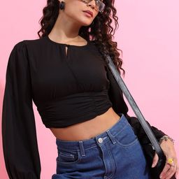 KETCH Keyhole Neck Smocking Ruched Fitted Crop Top-image-58