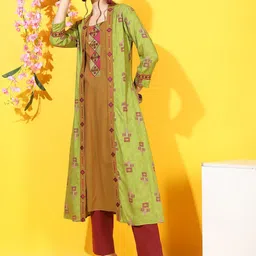 Vishudh Women Olive Green Geometric Embroidered Thread Work Anarkali Kurta-image-44
