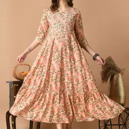 KALINI Women Ethnic Motifs Printed Flared Sleeves Mirror Work Floral Anarkali Kurta-23