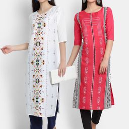 7threads KALINI Women Pack of 2 White & Pink Tribal Printed Crepe Straight Kurta-picture-4