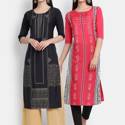 7Threads Women Pack of 2 Black & Pink Ethnic Motifs Printed Kurta-picture-27