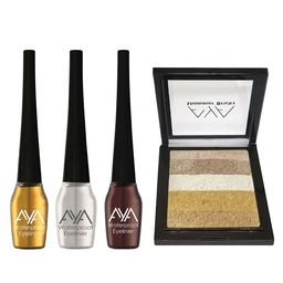AYA Set of 3 Waterproof Liquid Eyeliner-5ml Each & Shimmer Brick Highlighter-1