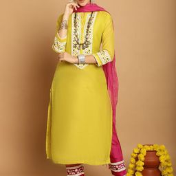 Tulsattva Floral Yoke Design Regular Thread Work Kurta With Trousers & Dupatta-image-27