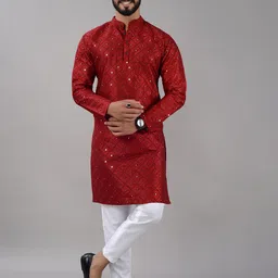 VILLAIN Geometric Embroidered Band Collar Mirror Work Straight Kurta with Pyjamas-image-83