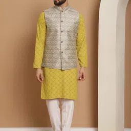 Anouk Men Geometic Embroidered Kurta With Churidar & Woven Design Nehru Jacket-71