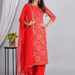 ELVISH JAIPUR Bandhani Embroidered Round Neck Mirror Work Kurta with Palazzos & Dupatta-picture-27