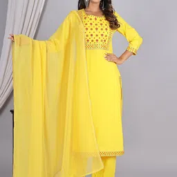ELVISH JAIPUR Floral Embroidered Mirror Work Kurta with Palazzos & Dupatta-image-29