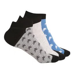 MUTAQINOTI Men Pack Of 3 Blue, Grey & White Star Pattern Ankle Length Rich Cotton Antimicrobial Socks-50