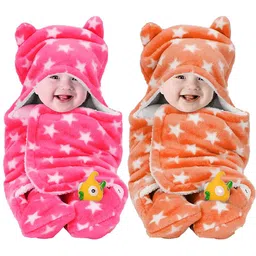BeyBee Kids Pack of 2 Pink & Orange Printed 3 In 1 Hooded Blanket Cum Wrapper-image-100