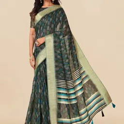 MIRCHI FASHION Black & Green Ethnic Motifs Zari Silk Blend Block Print Saree-picture-18