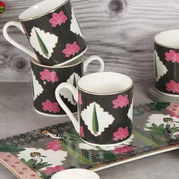 India Circus Black & Pink Floral Printed Set of 7 Ceramic Glossy Mug and Bowl-6