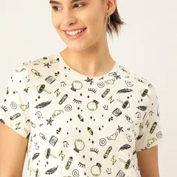 DressBerry Women White  Black Conversational Print Round Neck Pure Cotton T-shirt-image-6