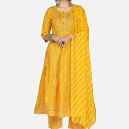 KALINI Women Yellow Bandhani Printed Pleated Thread Work Pure Cotton Kurta with Trousers & Dupatta-8